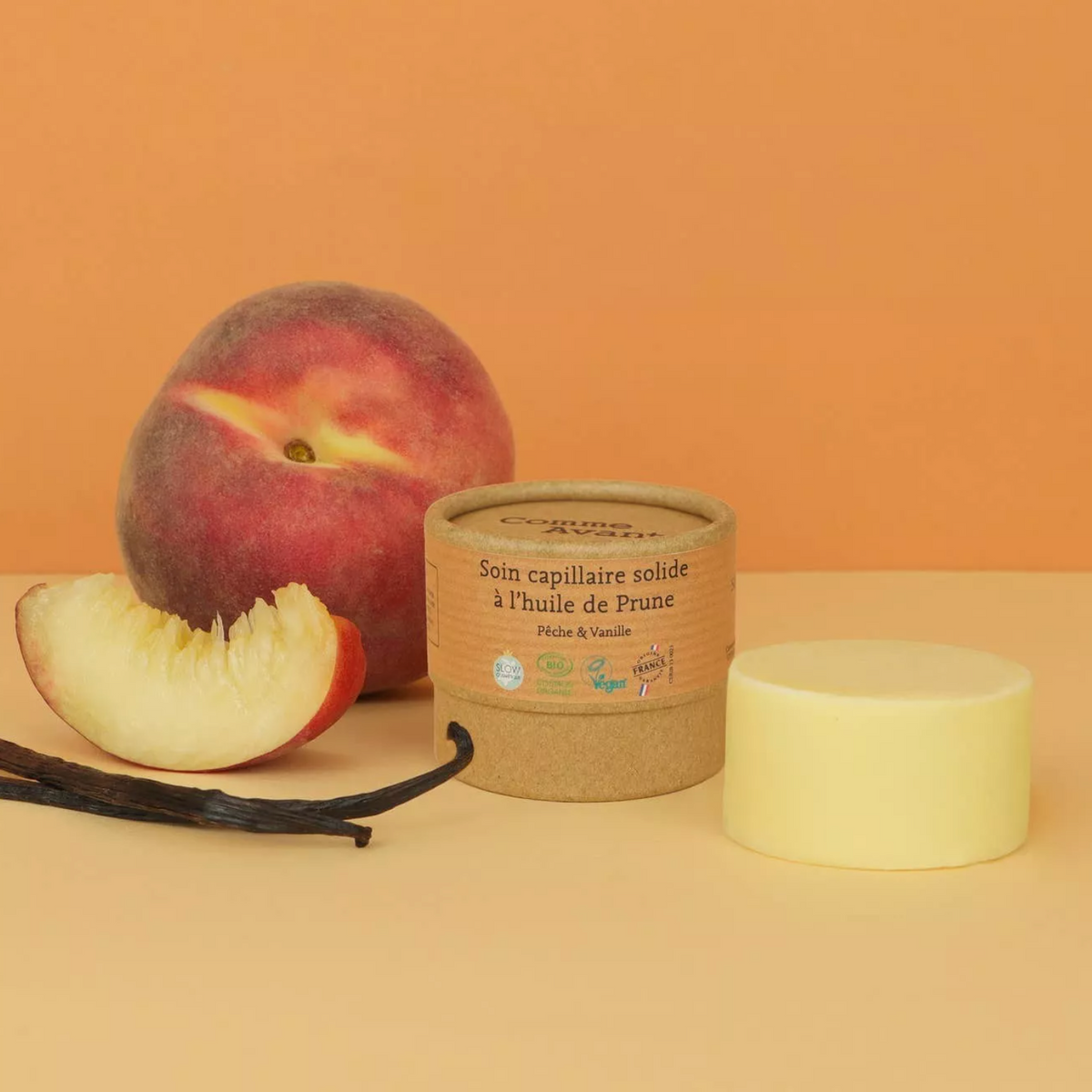 Soin capillaire solide à l'huile de Prune Pêche & Vanille